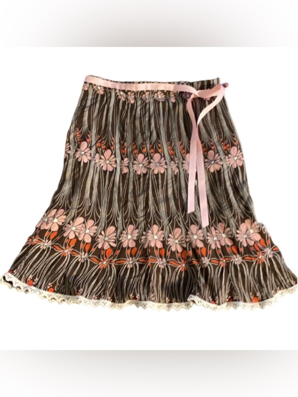 JALOUX/ zalu lined flare skirt. Size M. Brown and pink. Zipper, lace trim